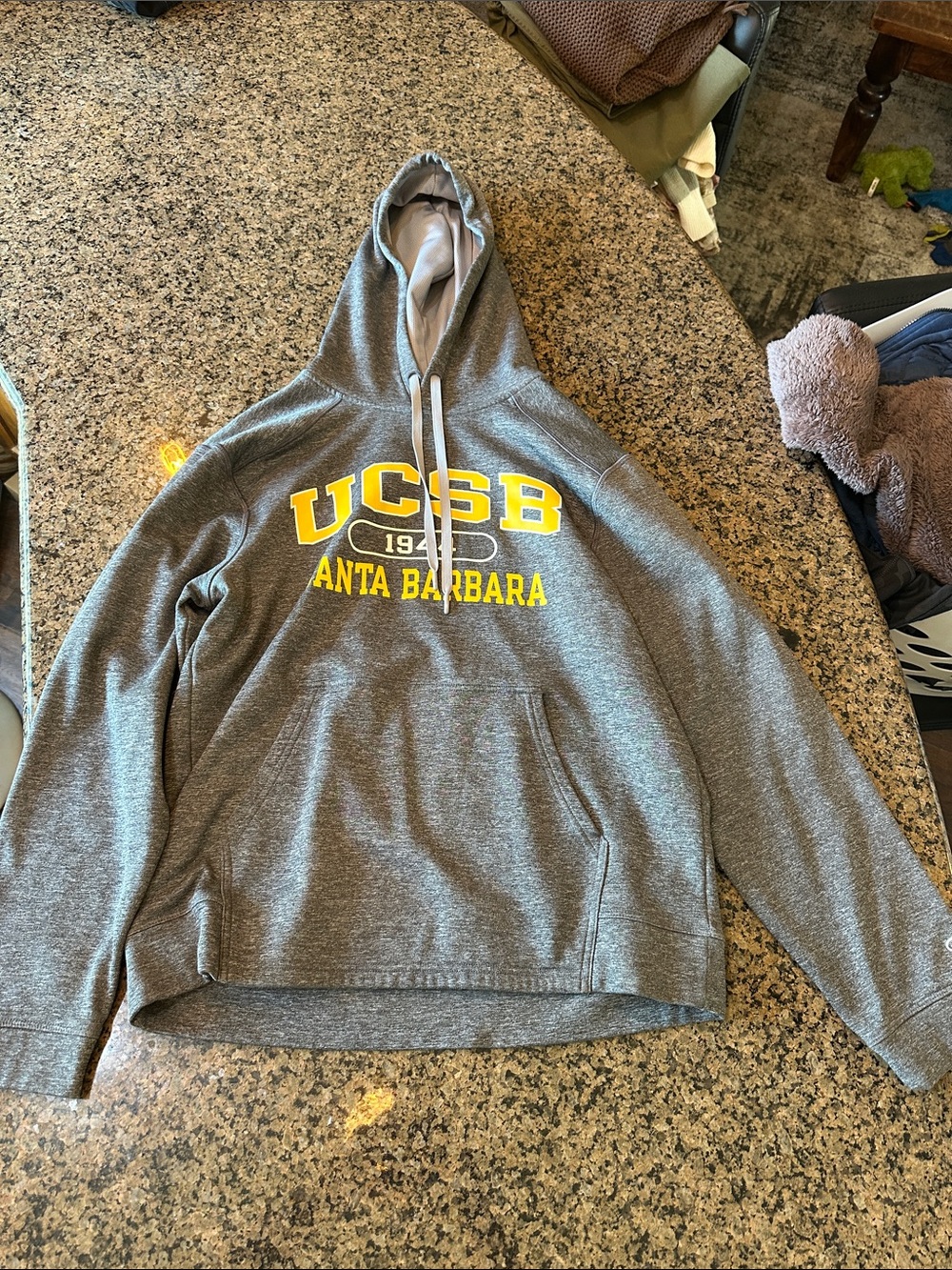 Champion Gray Hoodie with Yellow UCSB Santa Barbara Logo